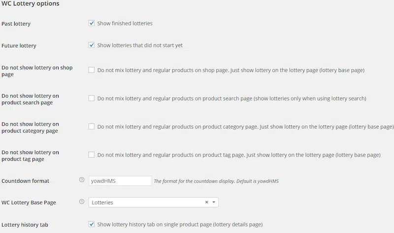 Options - Source : Lottery for WooCommerce (contest)